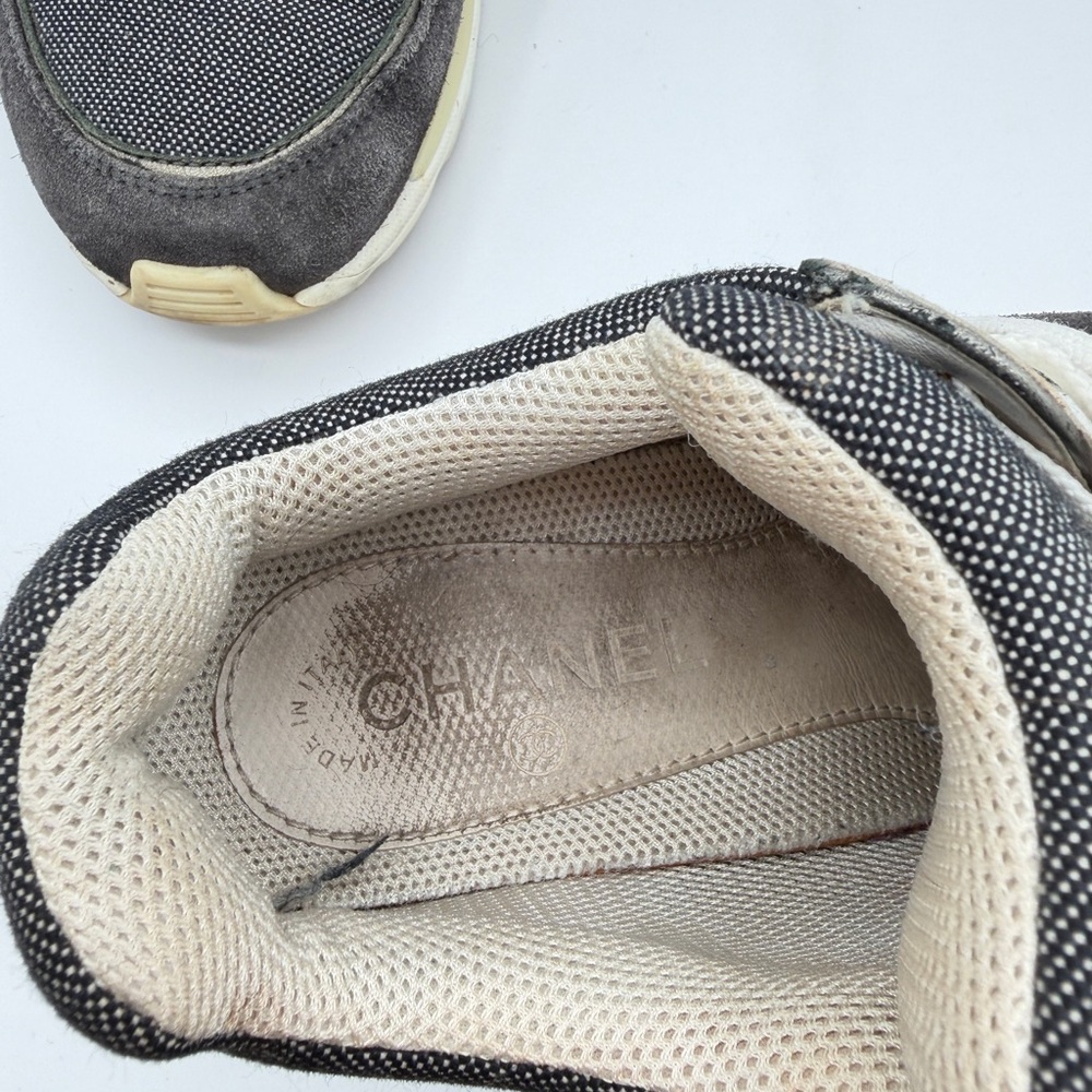 CHANEL Suede Calfskin Authentic CC Sneakers Size 38.5 Dark Grey, White,& Silver - Picture 5 of 12